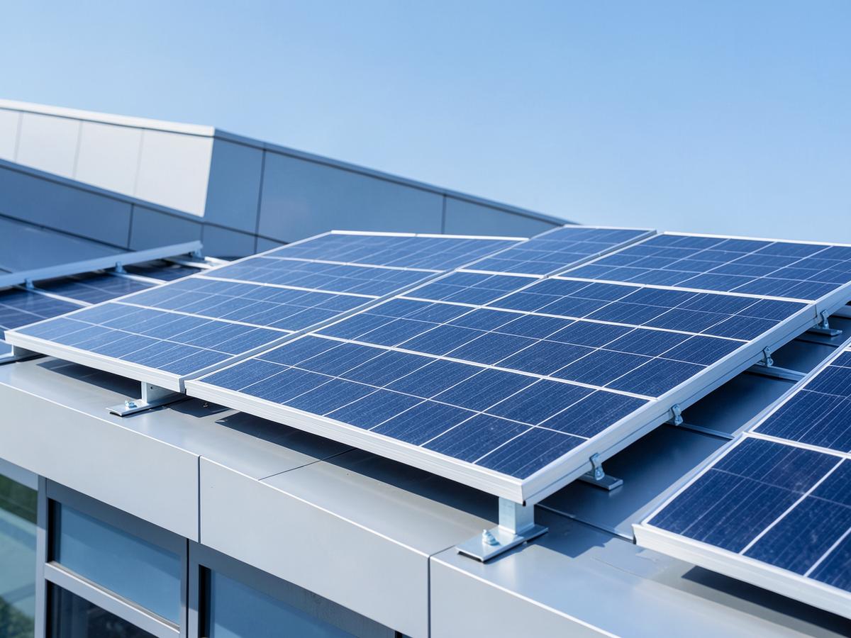 Moduli fotovoltaici installati sul tetto di un edificio moderno
