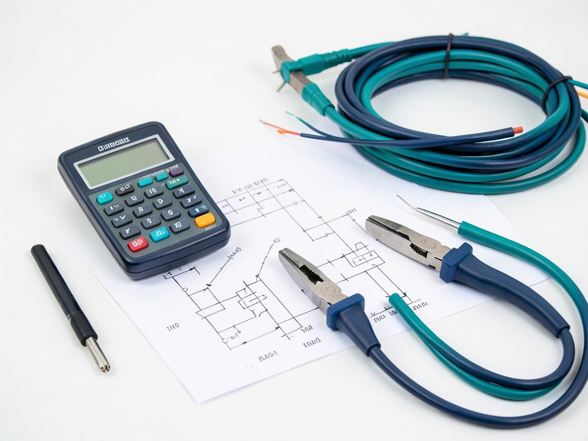 Strumenti da elettricista e schema tecnico su un tavolo di lavoro